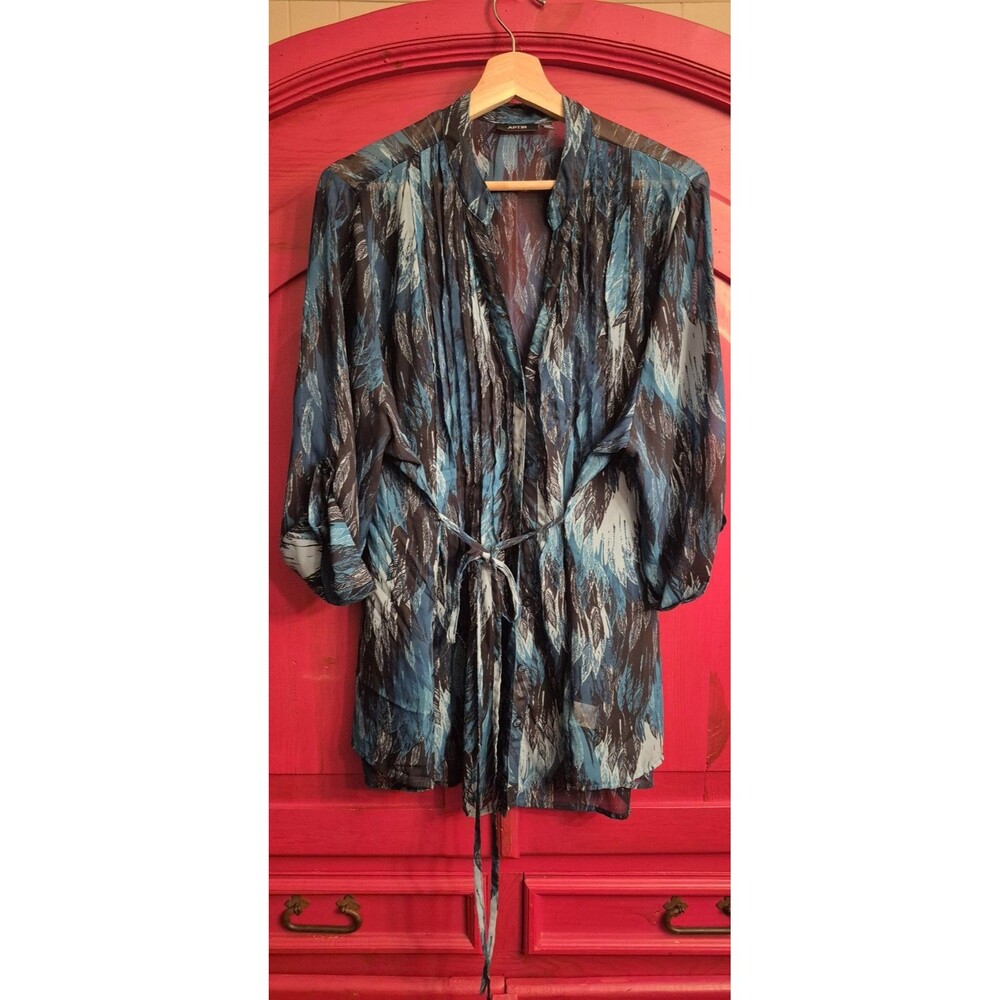 NWOT Apt 9 Womens Plus Size 2X Tunic Blouse Teal Blue Abstract Print Belted 3/4